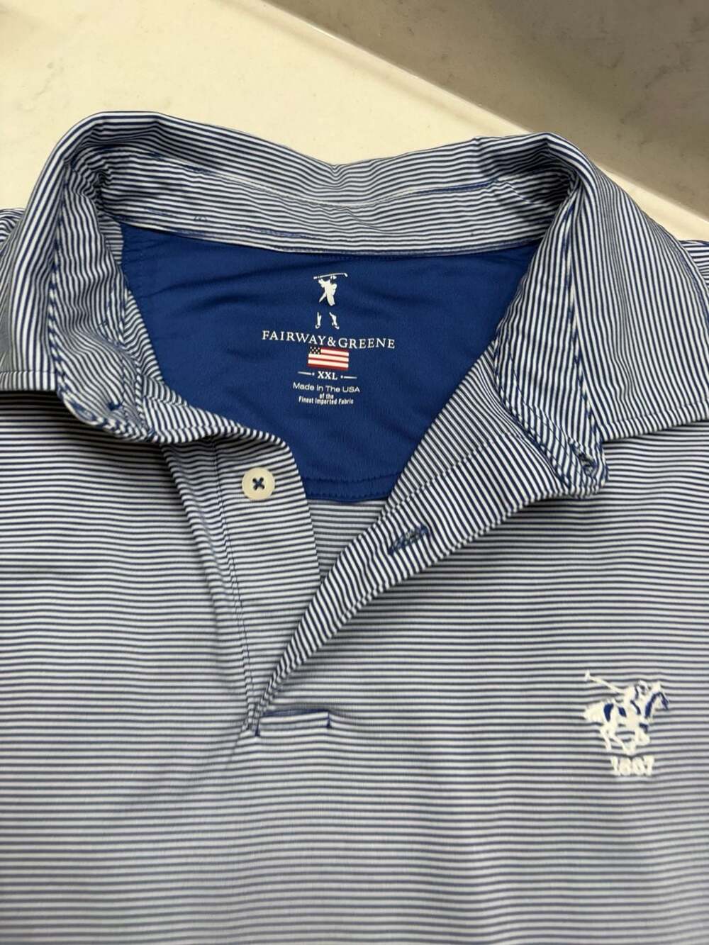 Fairway & Greene Men's Blue and White Striped Performance Golf Polo Shirt